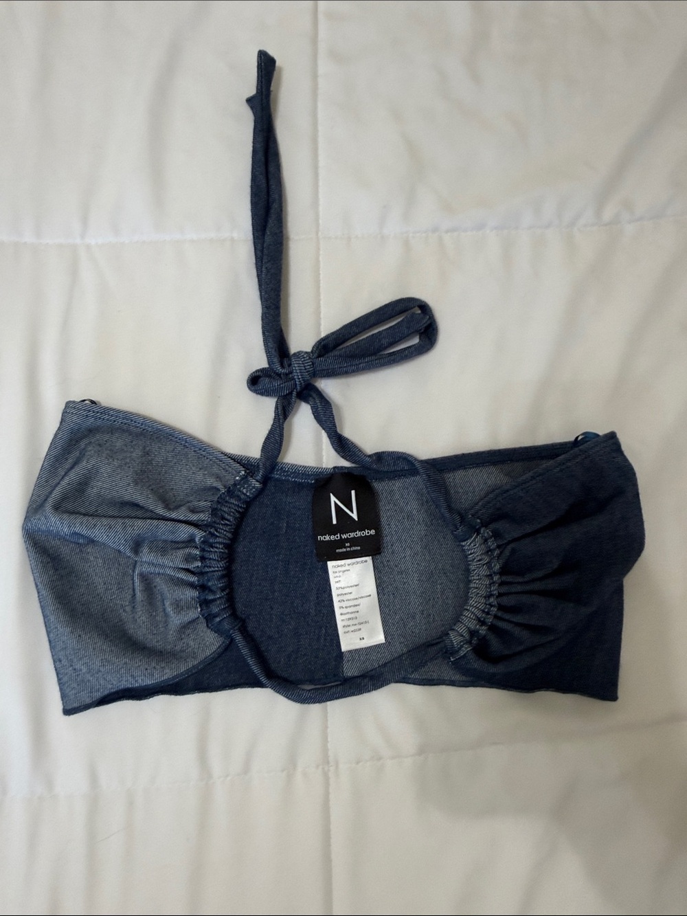 naked wardrobe Two-Tone Denim Halter Bandeau Top - Dark Blue & Light Blue